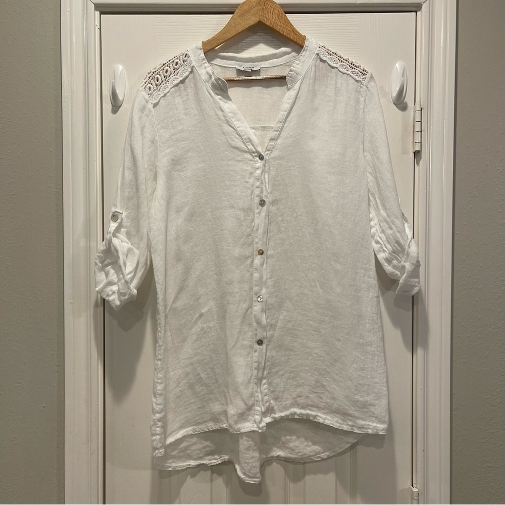 Rosemarine Italy 100% Linen Women’s Button Up Size Large Crochet Coastal Italy
